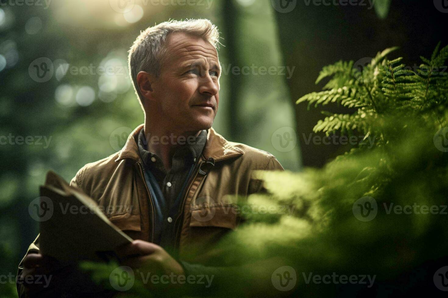 A man standing in a forest holding a book AI Generated photo
