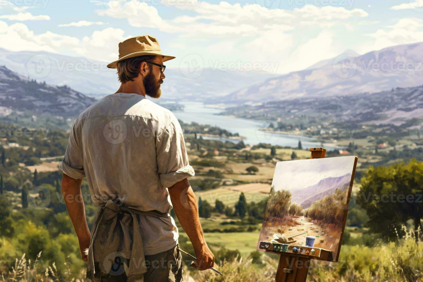 A man standing in front of a painting on an easel AI Generated photo