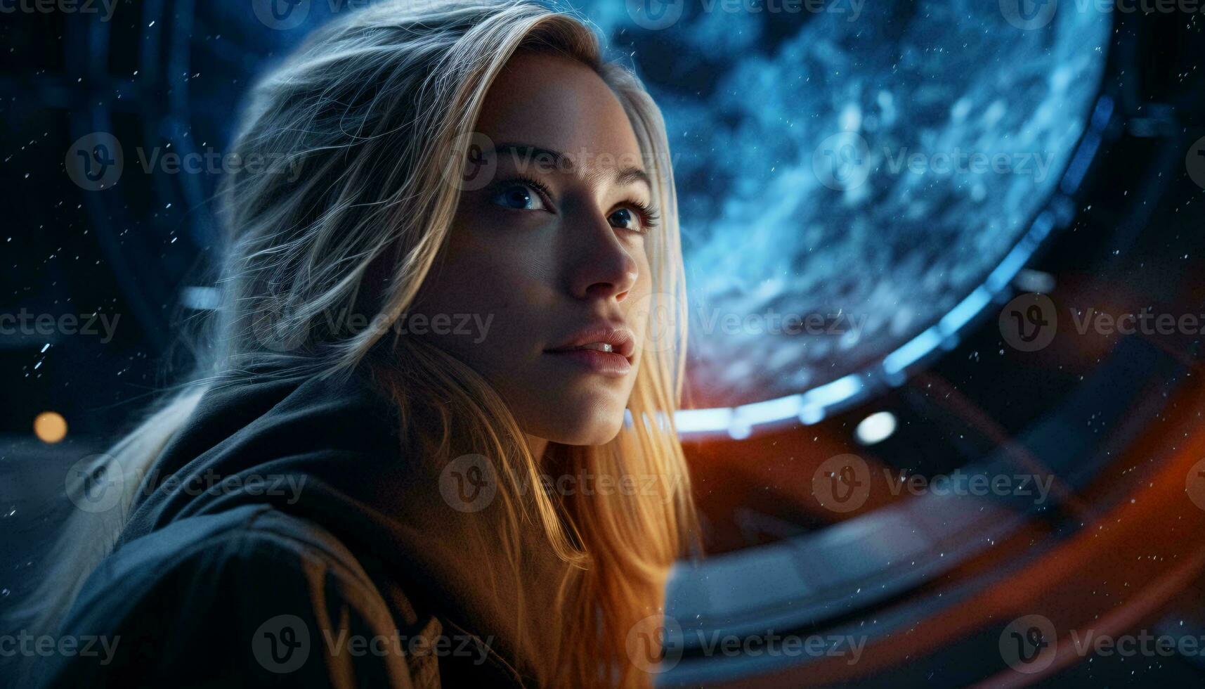 A woman gazing into the vastness of space from inside a space station AI Generated photo