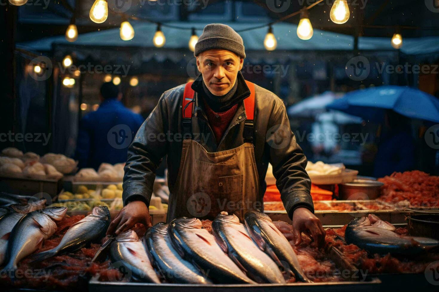 un hombre en pie en frente de un monitor de Fresco pescado a un mercado ai generado foto