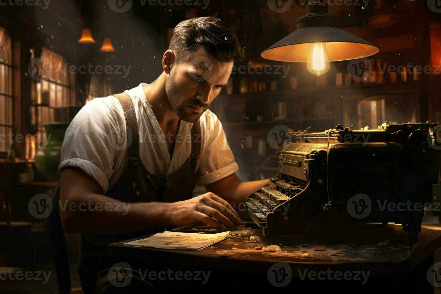 A man engrossed in his work at a vintage typewriter AI Generated photo
