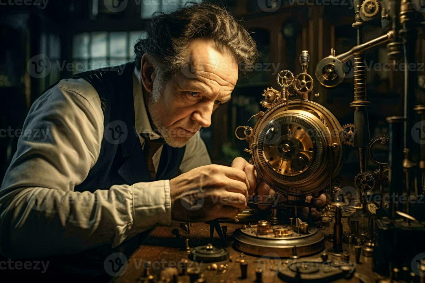 un experto artesano reparando un reloj en un bien iluminado taller ai generado foto