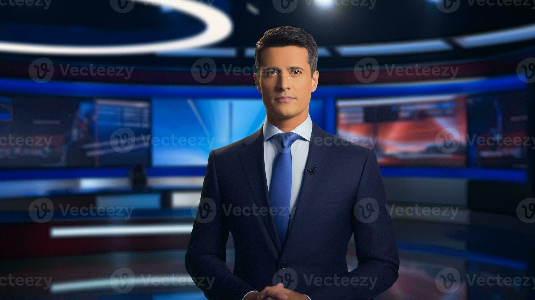 Photo of a professional man presenting news on a television set AI Generated