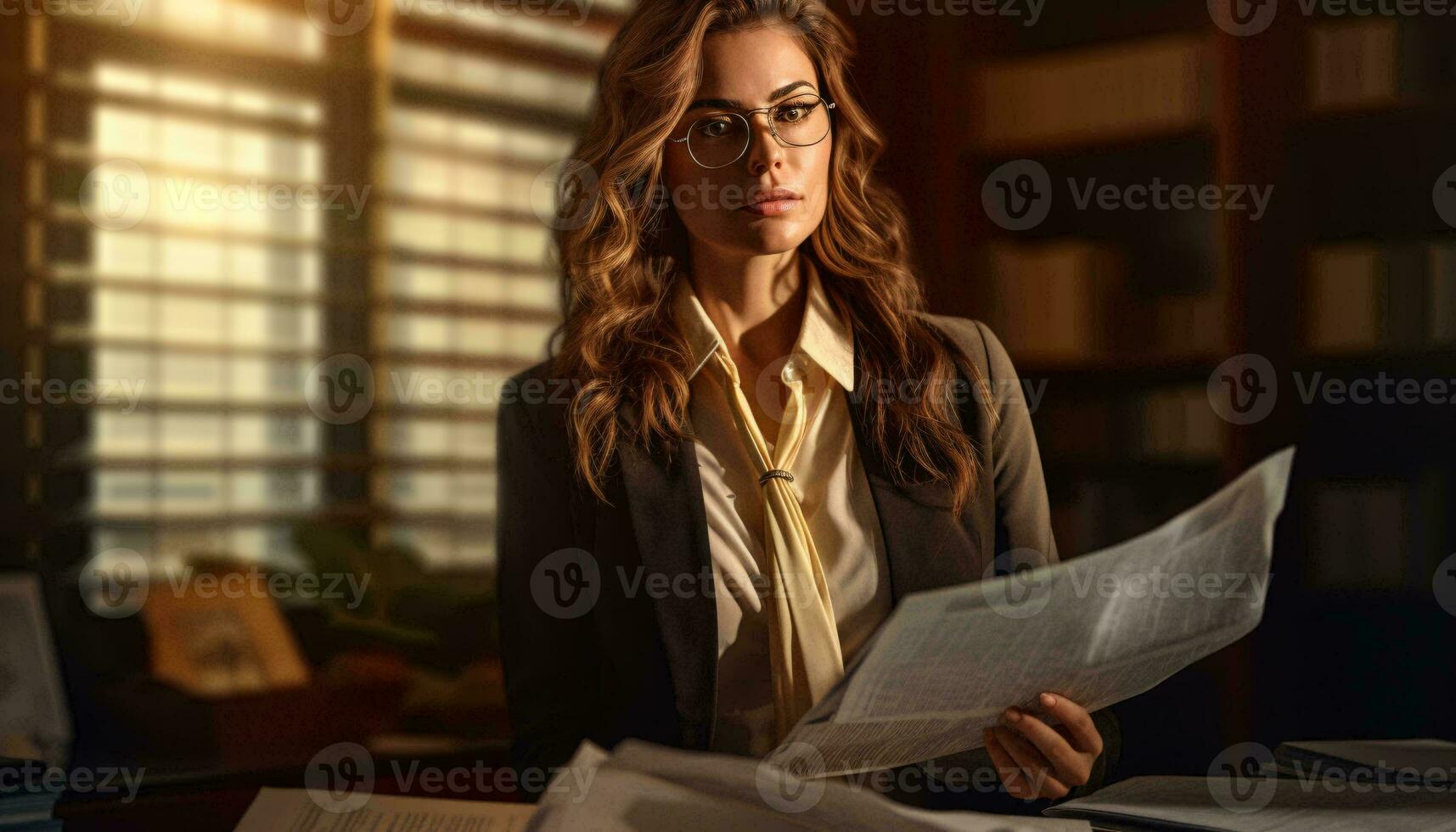 Photo of a woman working at her desk surrounded by papers AI Generated