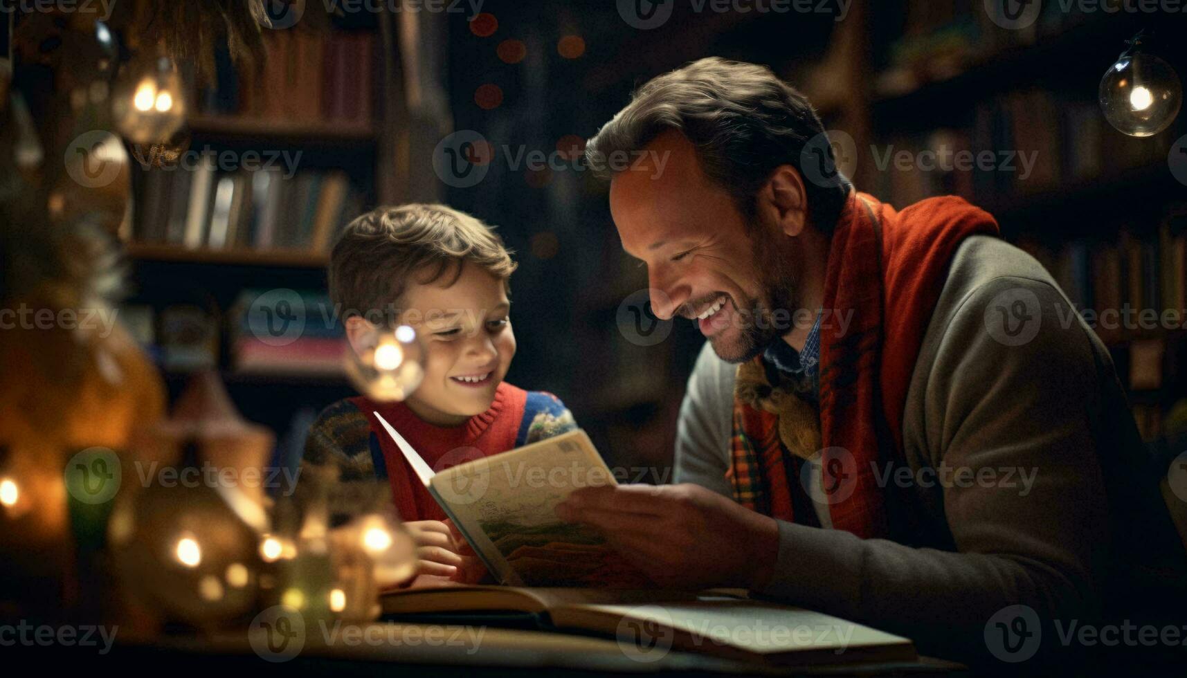 foto de un hombre leyendo un libro a un joven chico, Fomentando un amor para leyendo y aprendizaje ai generado