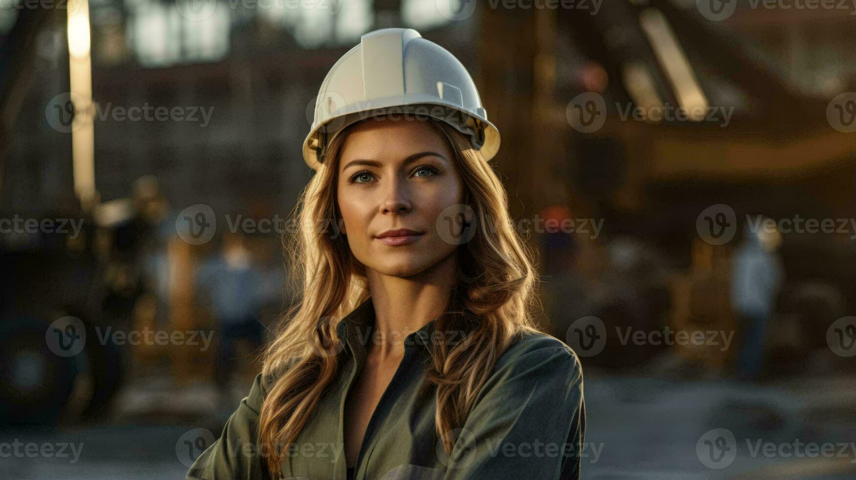 Photo of a woman wearing a hard hat in a factor AI Generated