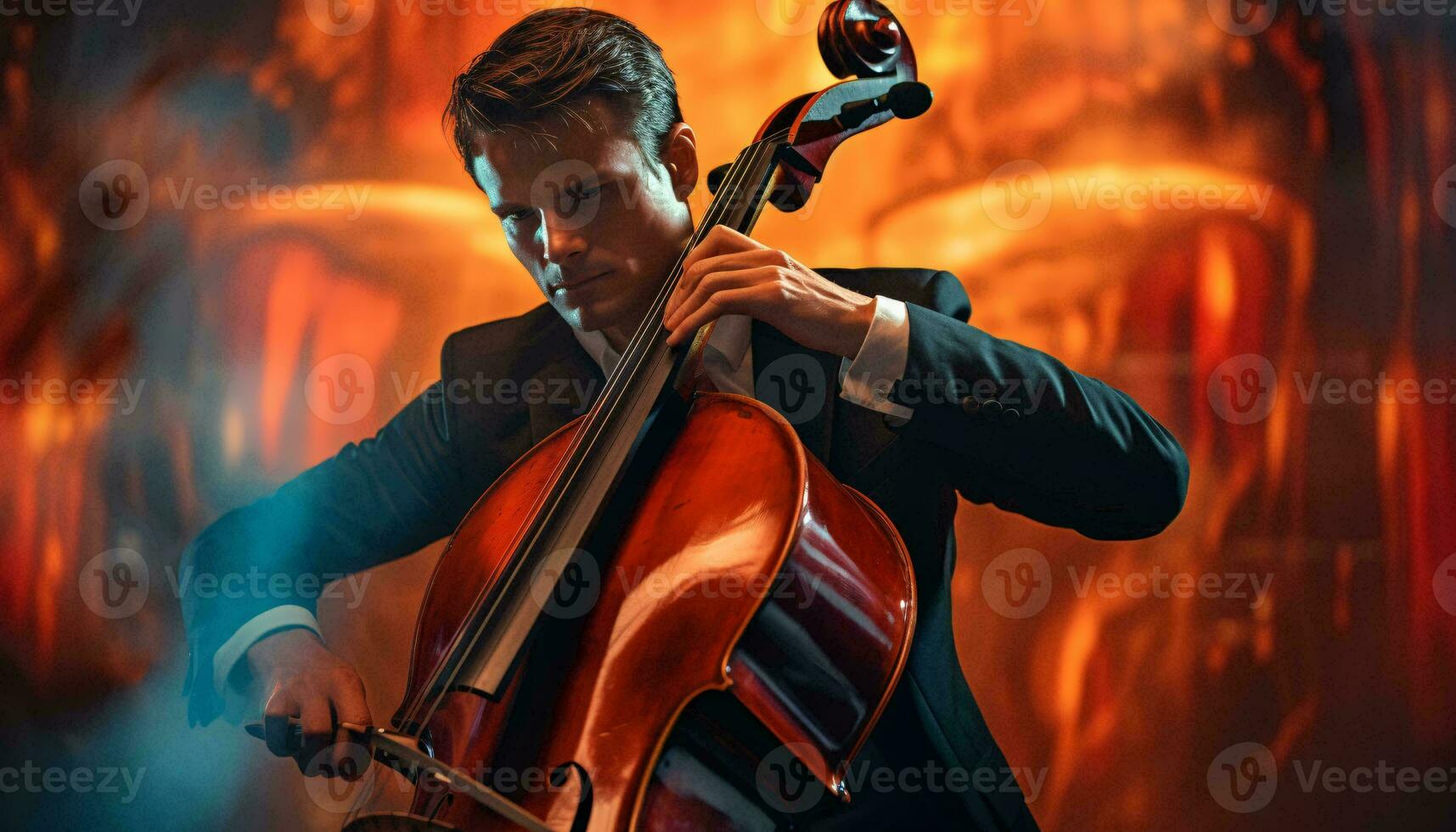 Photo of a musician playing the cello in a formal attire AI Generated