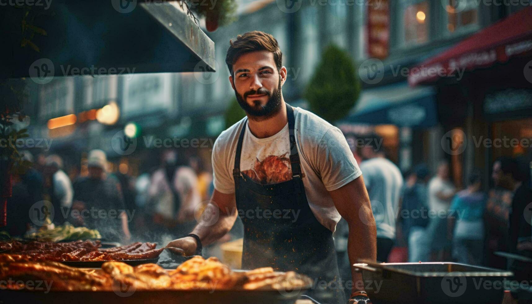 un hombre interrogatorio intenso comida en un parilla ai generado foto