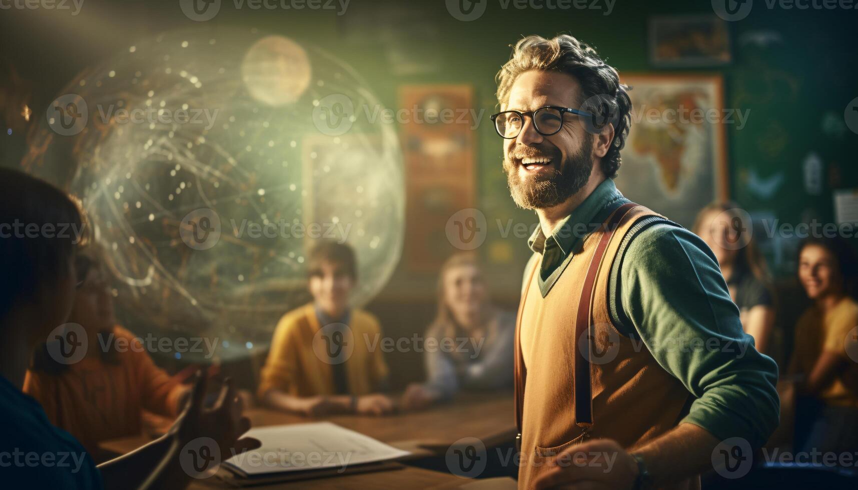 Photo of a man giving a speech in front of an audience AI Generated