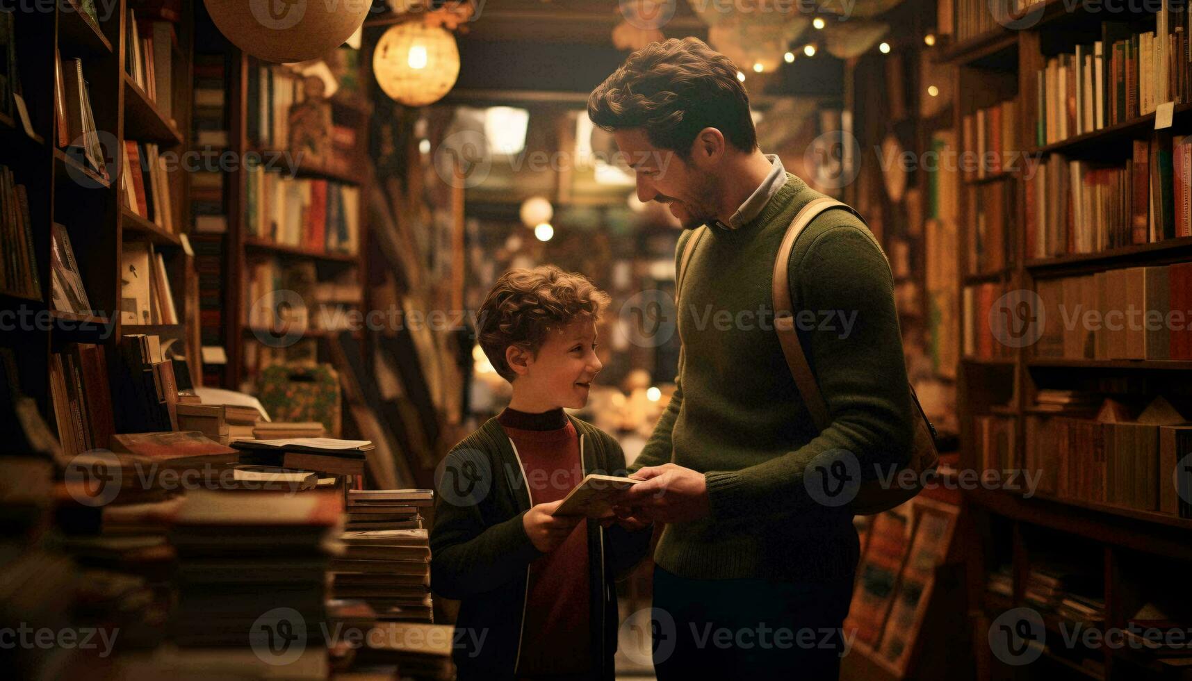 Photo of a man and a little boy in a library AI Generated