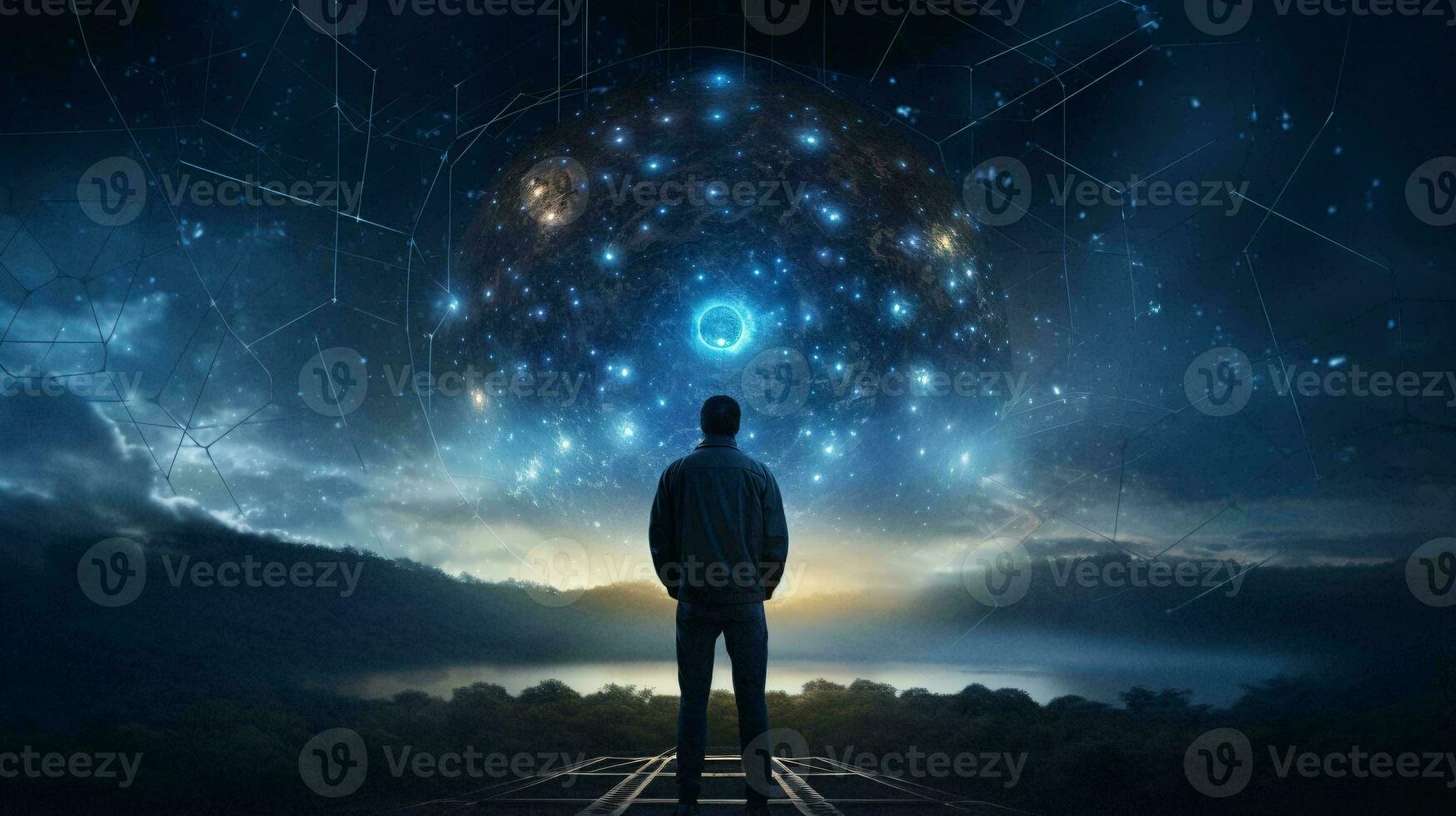 Photo of a man gazing at a breathtaking night sky filled with sparkling stars AI Generated