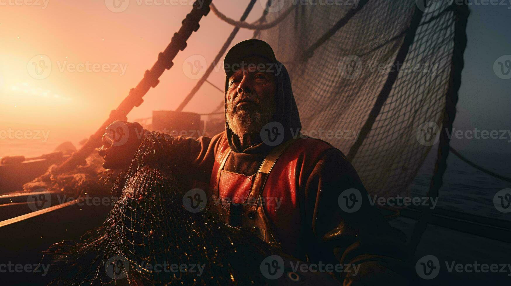 Photo of a man standing on a boat holding a net AI Generated