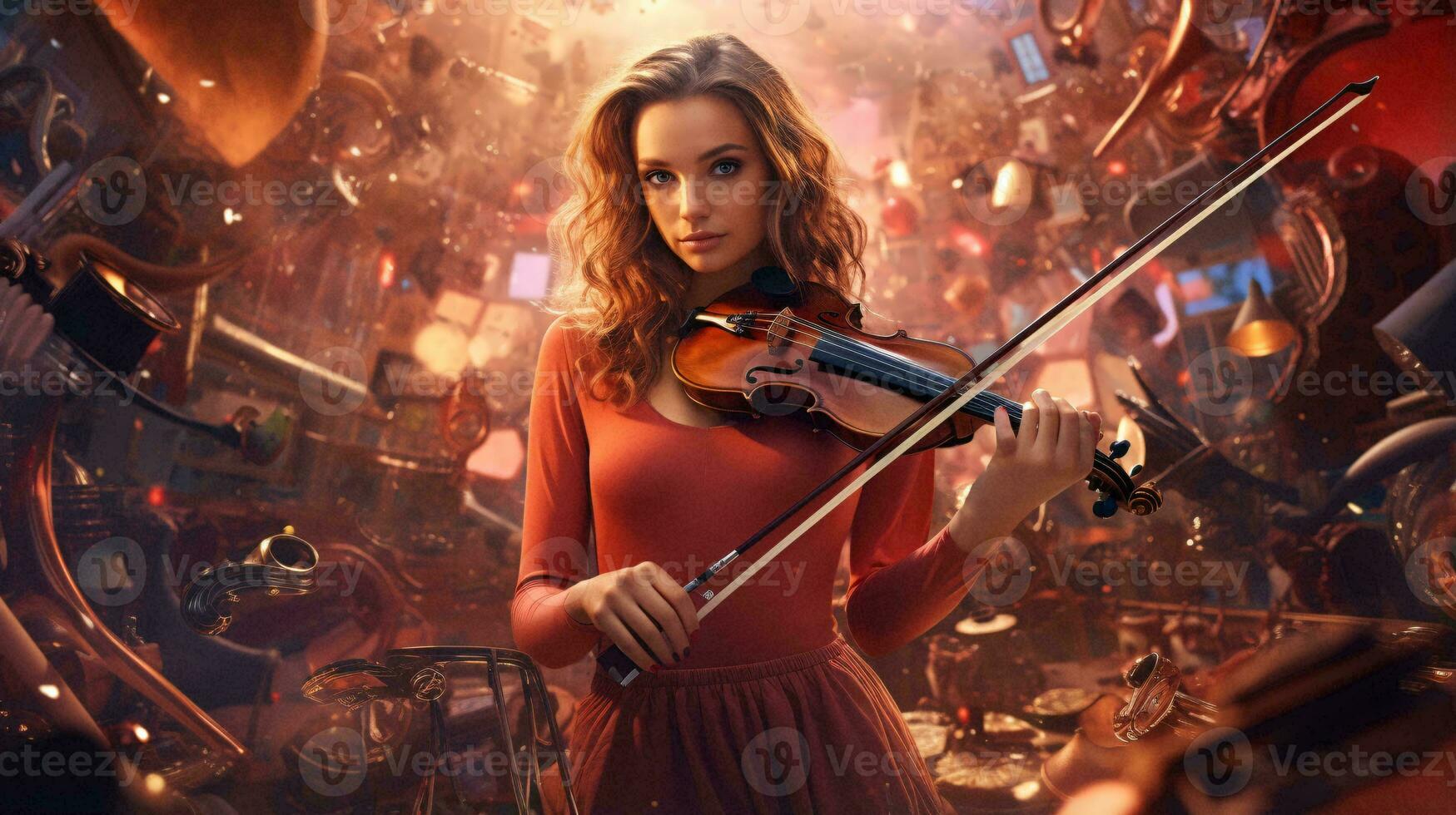 Photo of a woman playing a violin in a red dress AI Generated