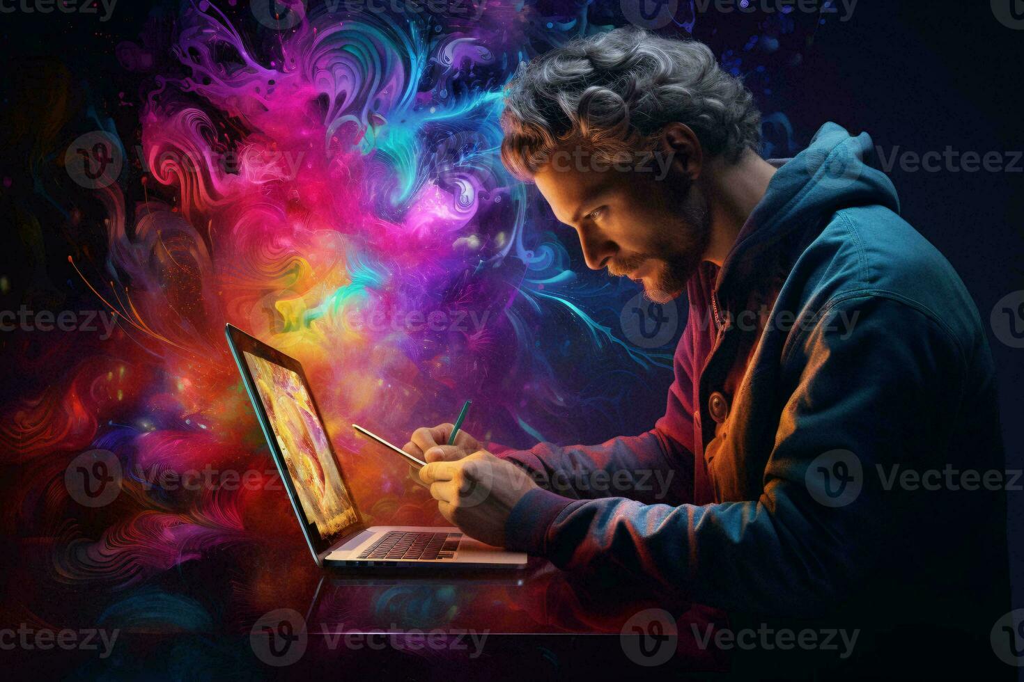 A man typing on a laptop computer AI Generated photo