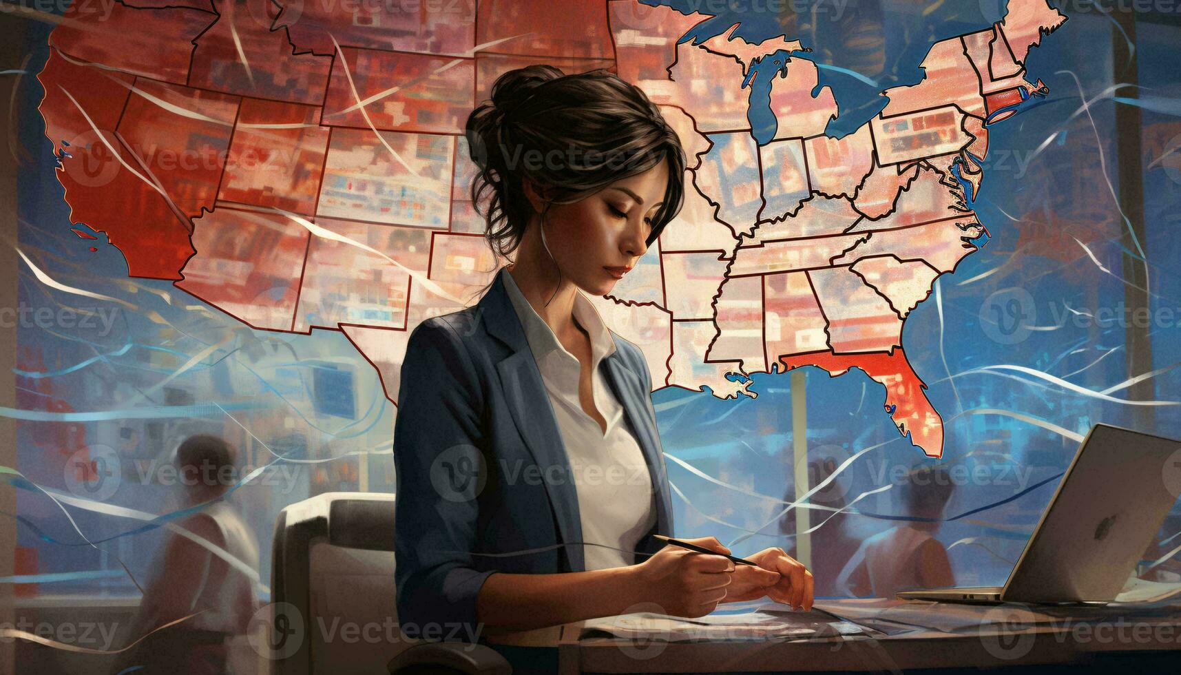 Photo of a woman working on a laptop at a desk with a map in the background AI Generated