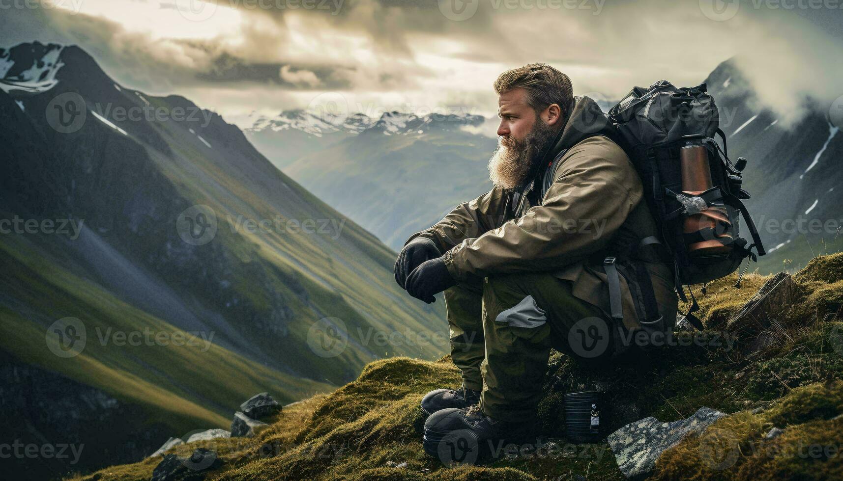 A bearded man enjoying the view from the summit of a majestic mountain AI Generated photo