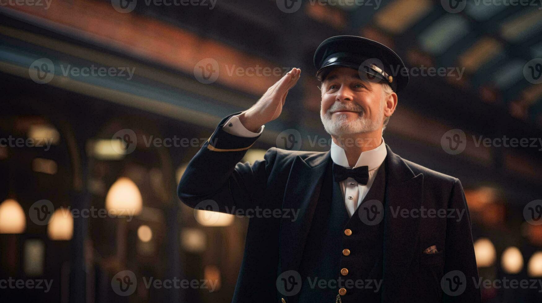 A man in a tuxedo saluting in a train station AI Generated photo