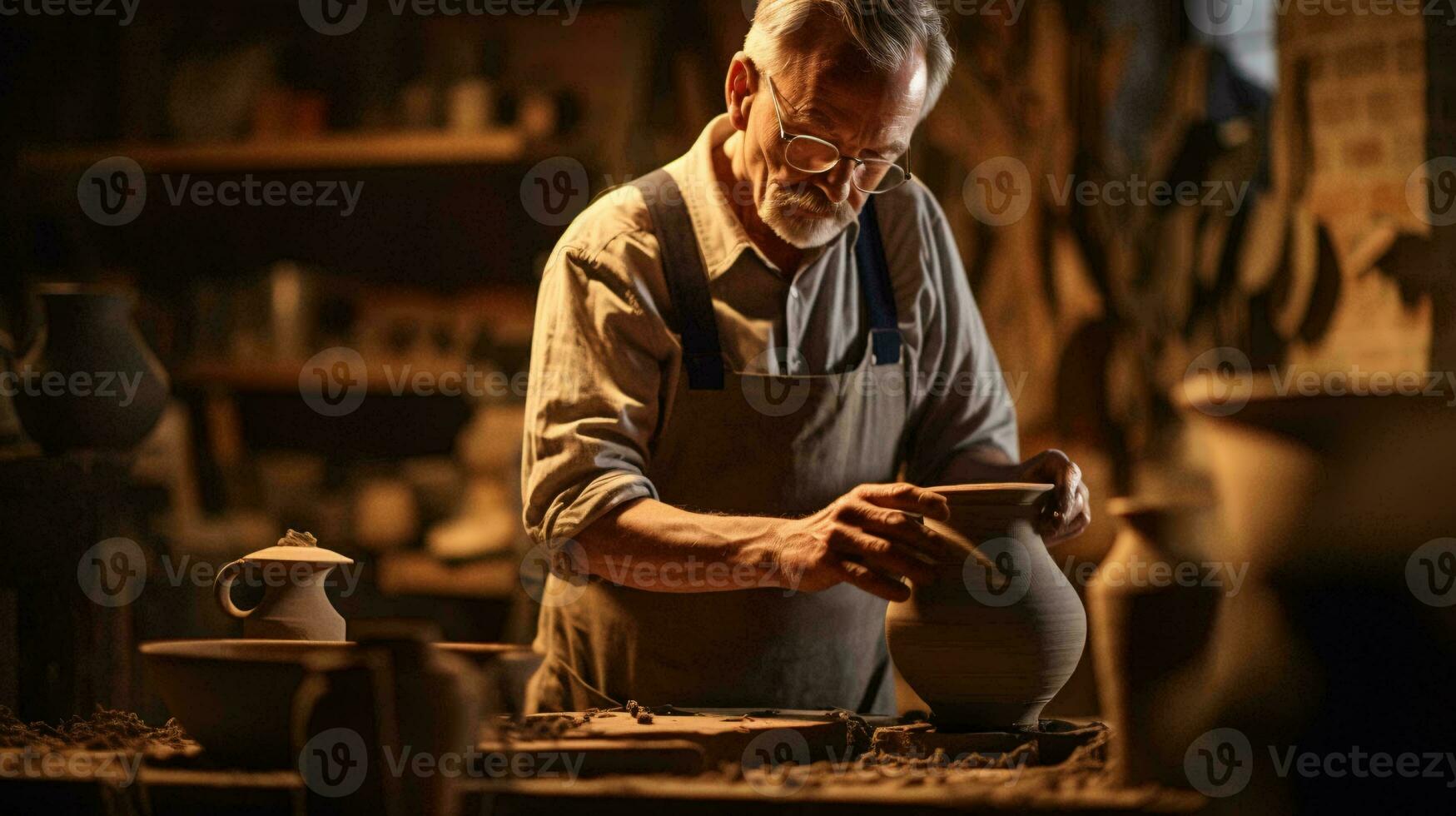 A man working in a traditional pottery shop, crafting clay pots and ceramics AI Generated photo