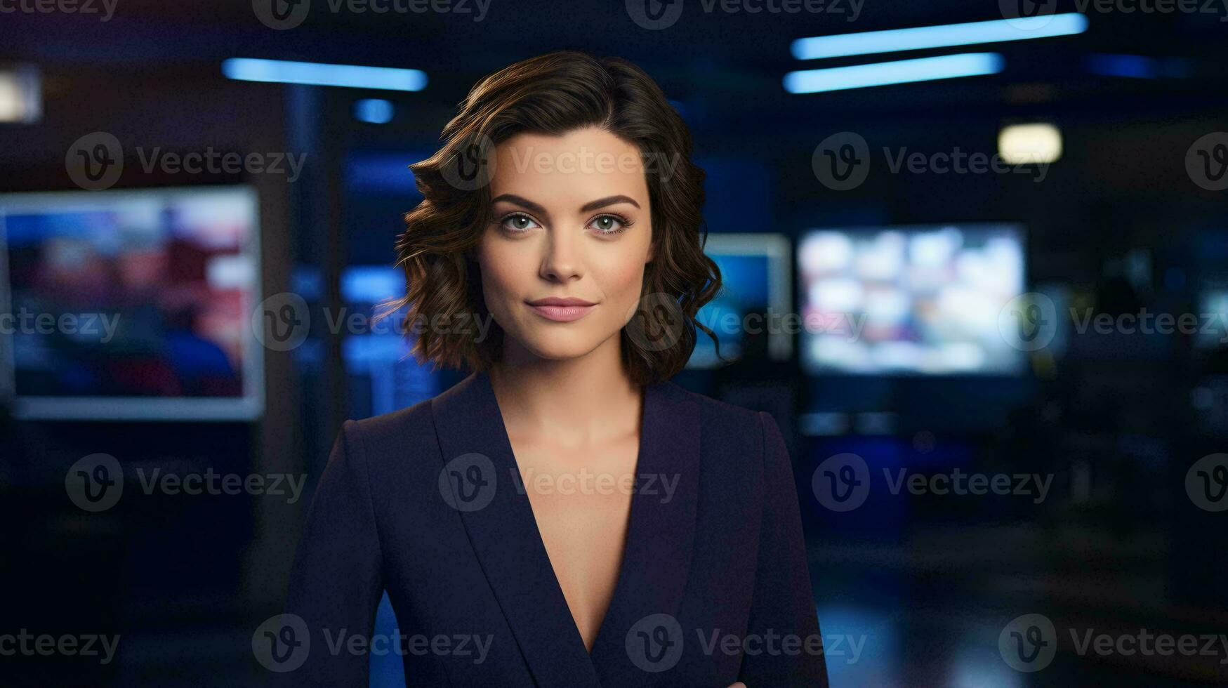 A stylish woman in a black suit posing confidently for a camera AI Generated photo