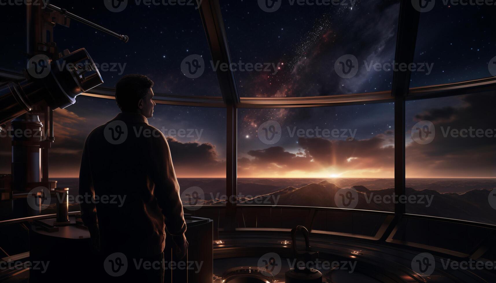A man observing the night sky through a telescope AI Generated photo