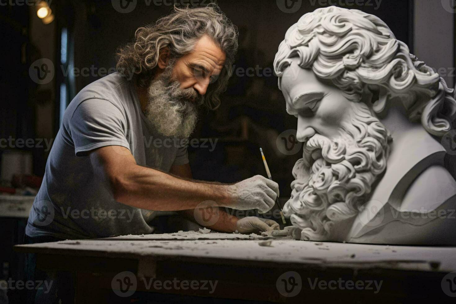 A sculptor creating a bearded male statue with precision and skill AI Generated photo