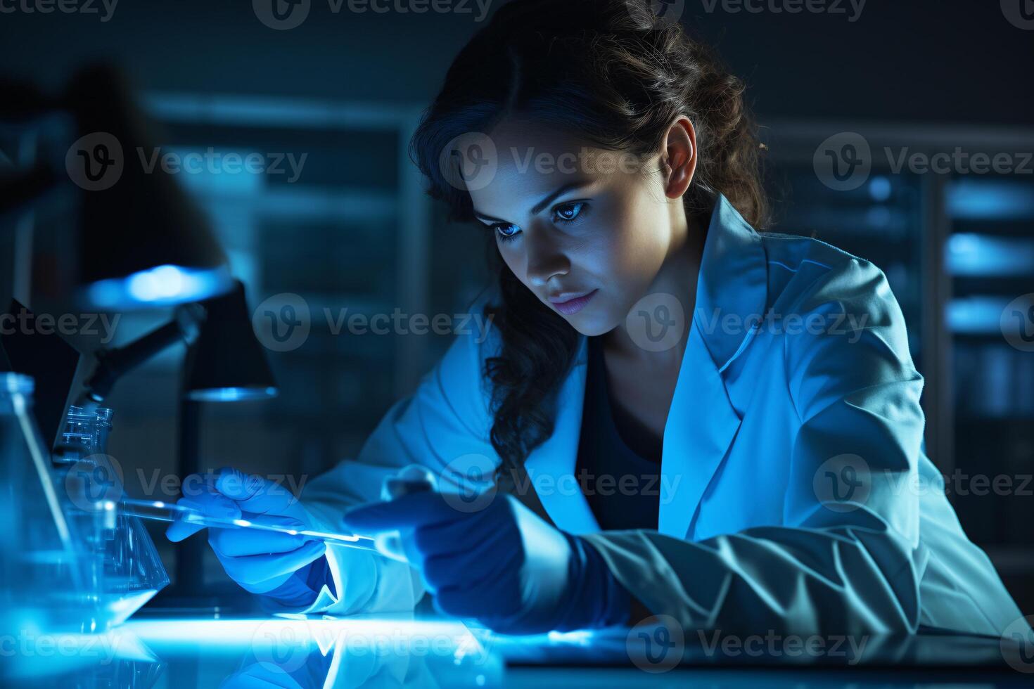 un hembra científico utilizando un tableta en un laboratorio ai generado foto