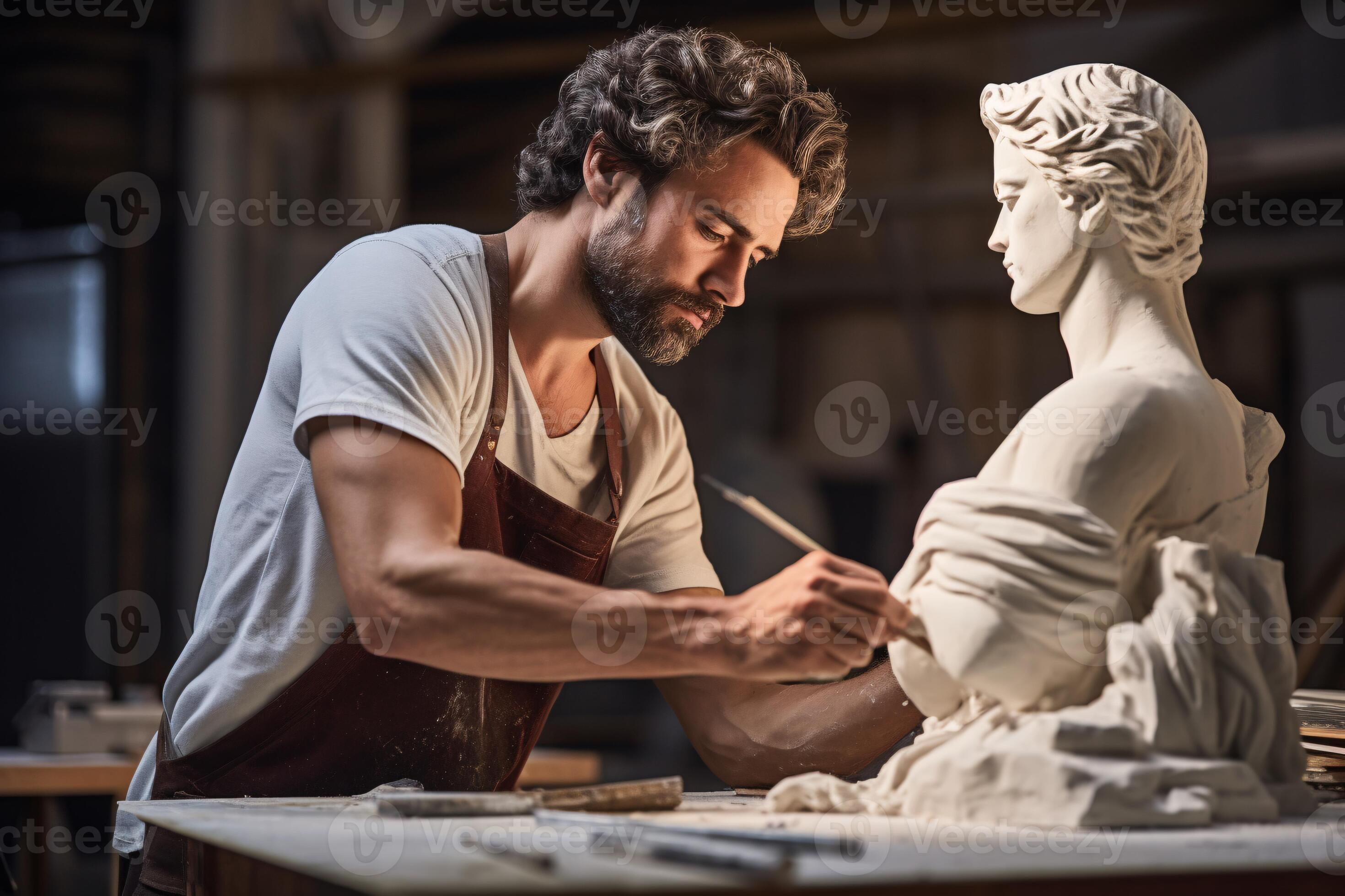 A sculptor working on a statue of a woman in his studio AI Generated A sculptor working on a statue of a woman in his studio AI Generated