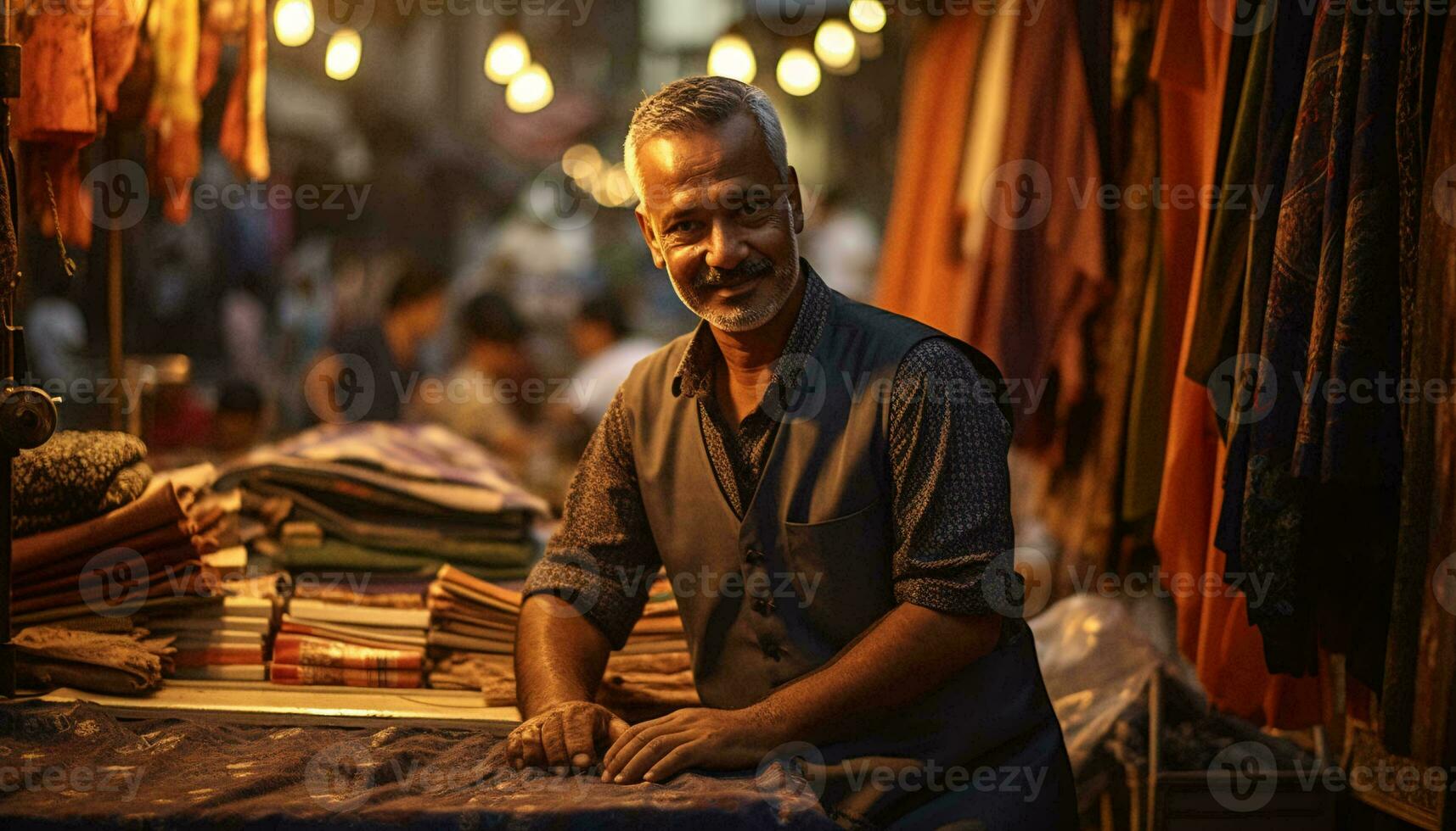 A man sitting at a table in a store AI Generated photo