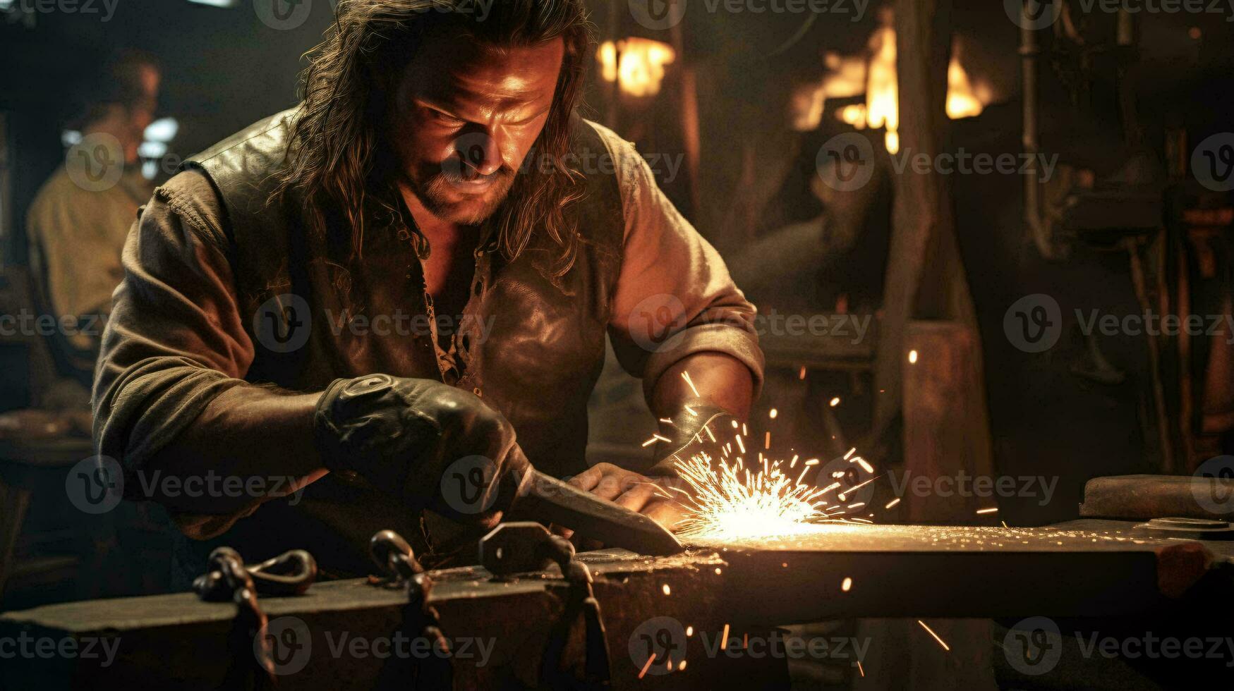 un hombre trabajando en un pedazo de metal en un taller ai generado foto