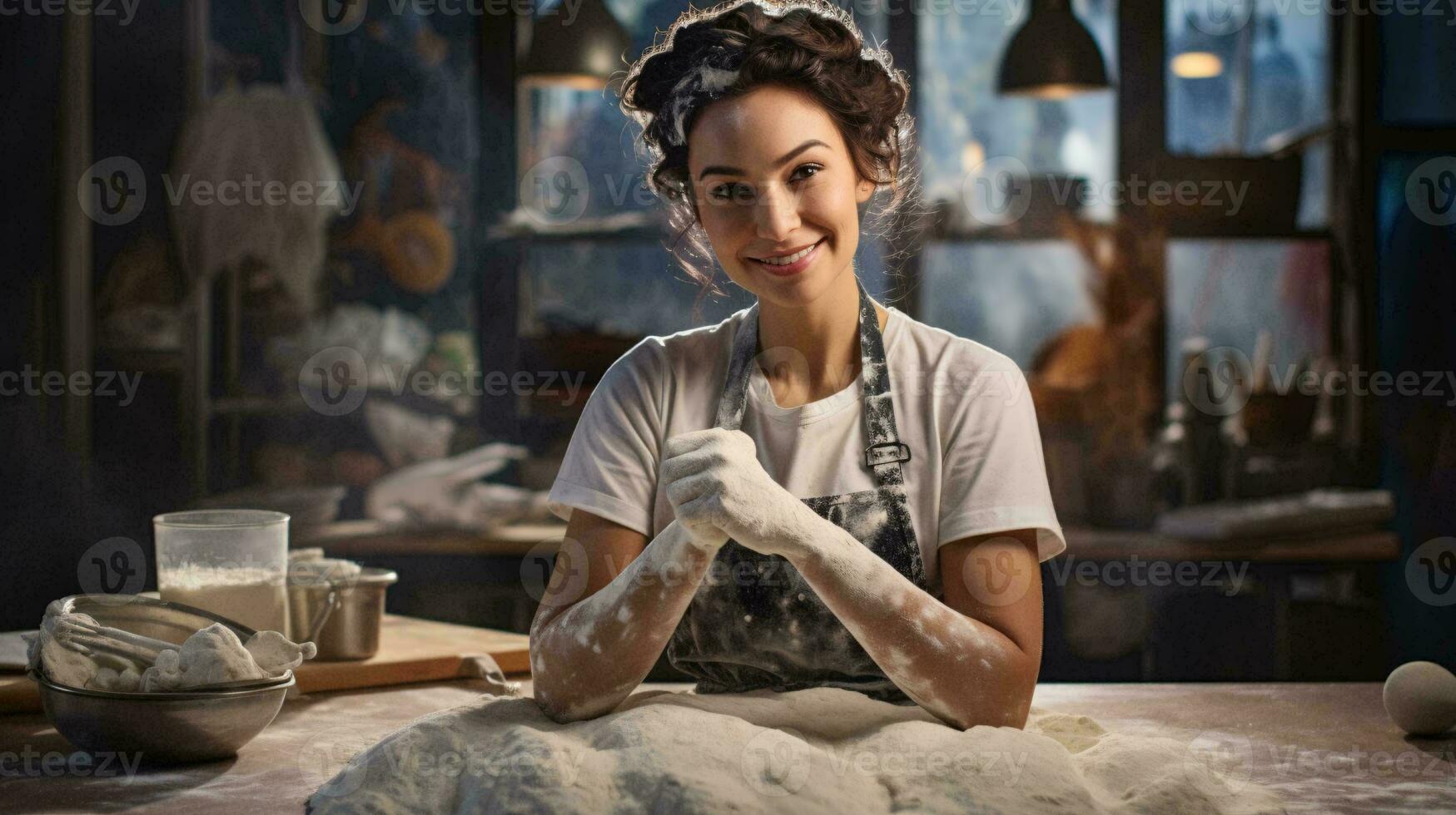 A woman preparing dough in an apron AI Generated photo