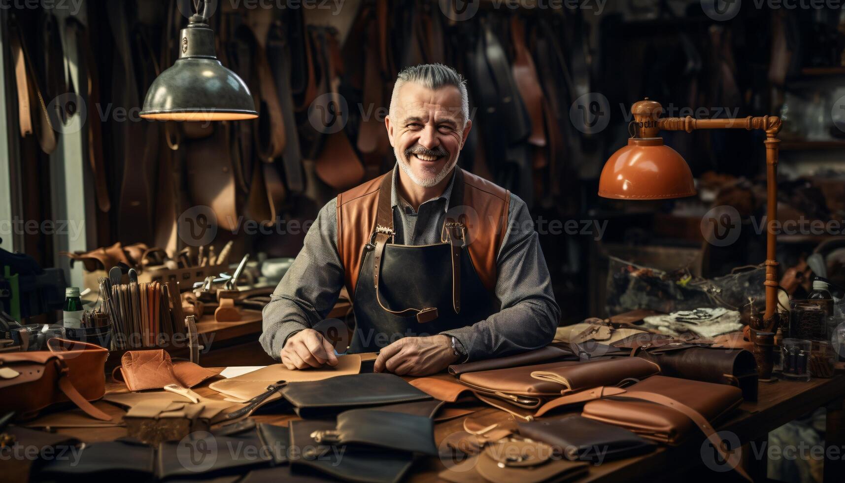 A man sitting at a table surrounded by luxurious leather furnishings AI Generated photo