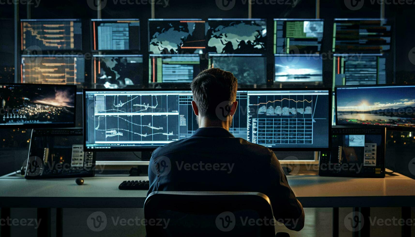 A man working at a desk with multiple computer monitors AI Generated photo