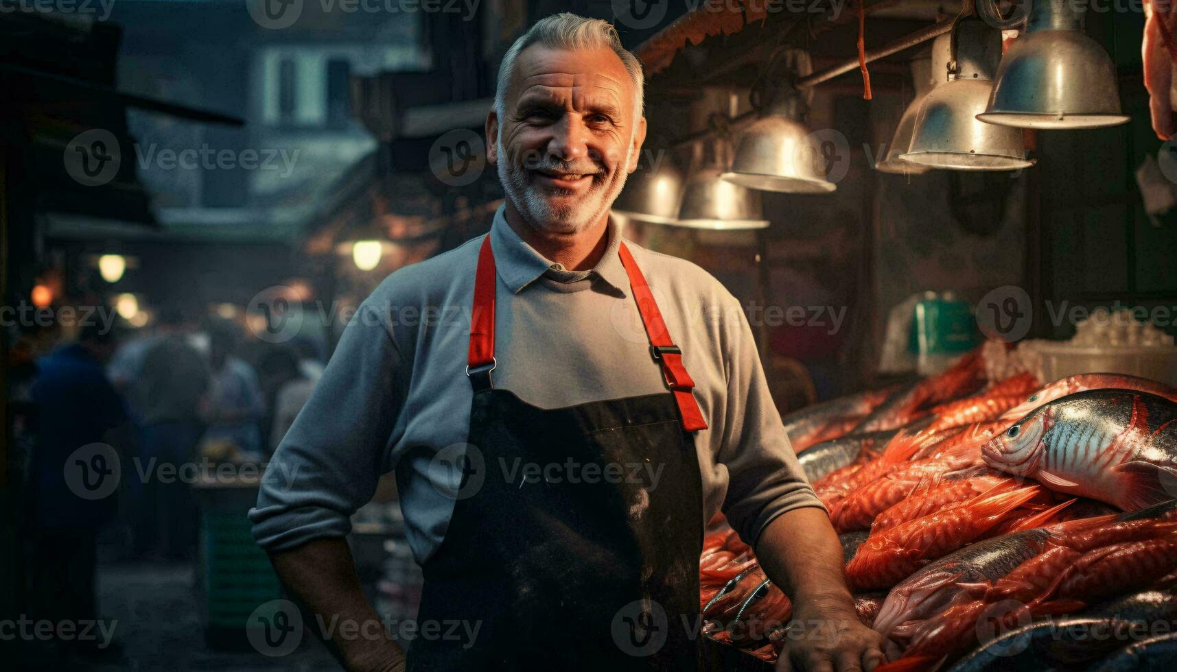 A man standing in front of a school of fish AI Generated photo