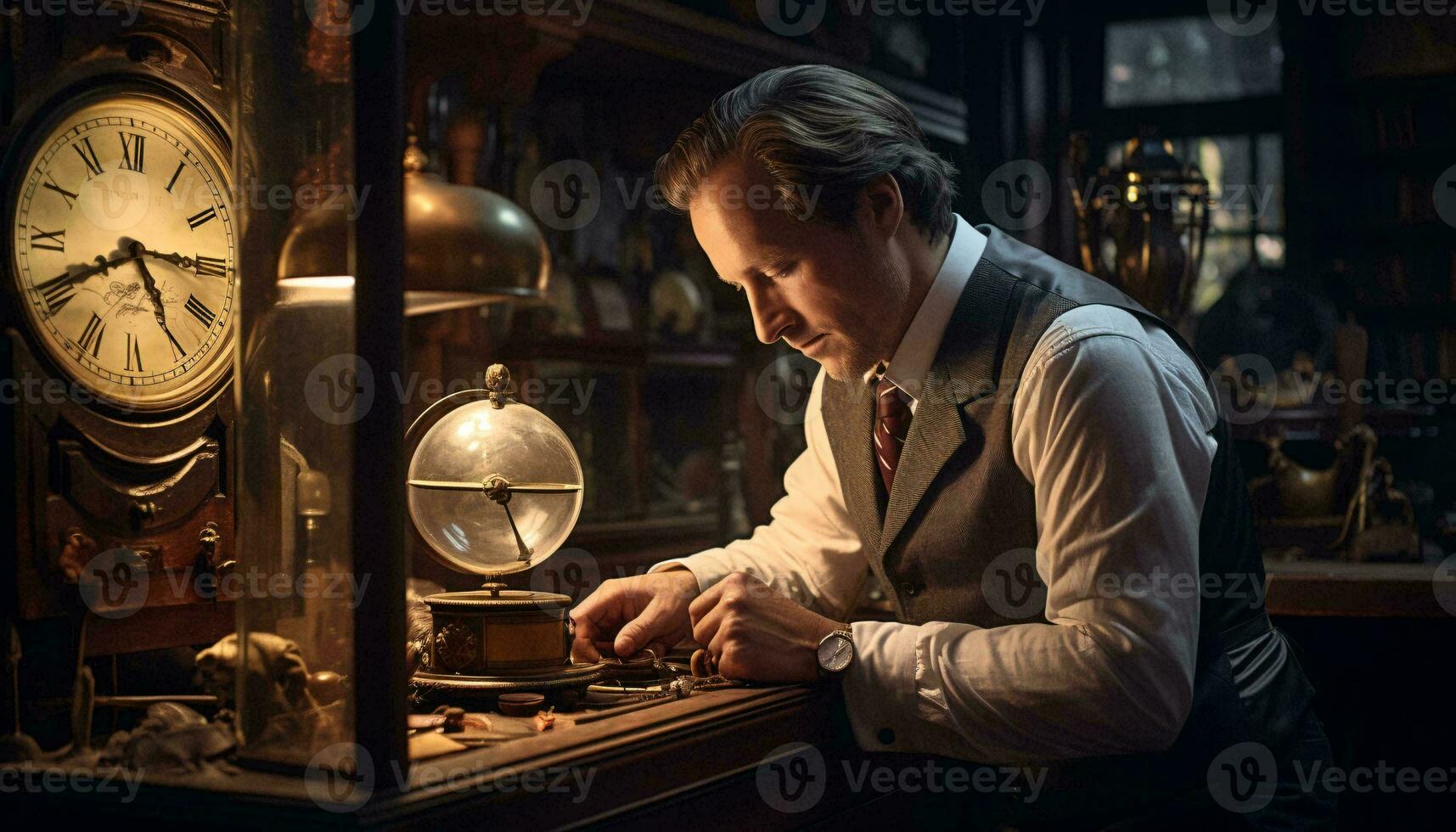 un hombre trabajando a un escritorio con un reloj en el antecedentes ai generado foto