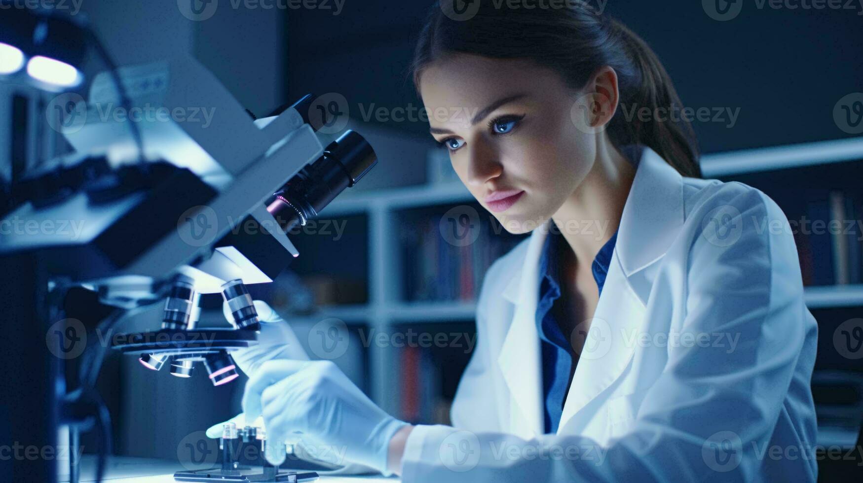 A female scientist conducting research with a microscope in a laboratory AI Generated photo