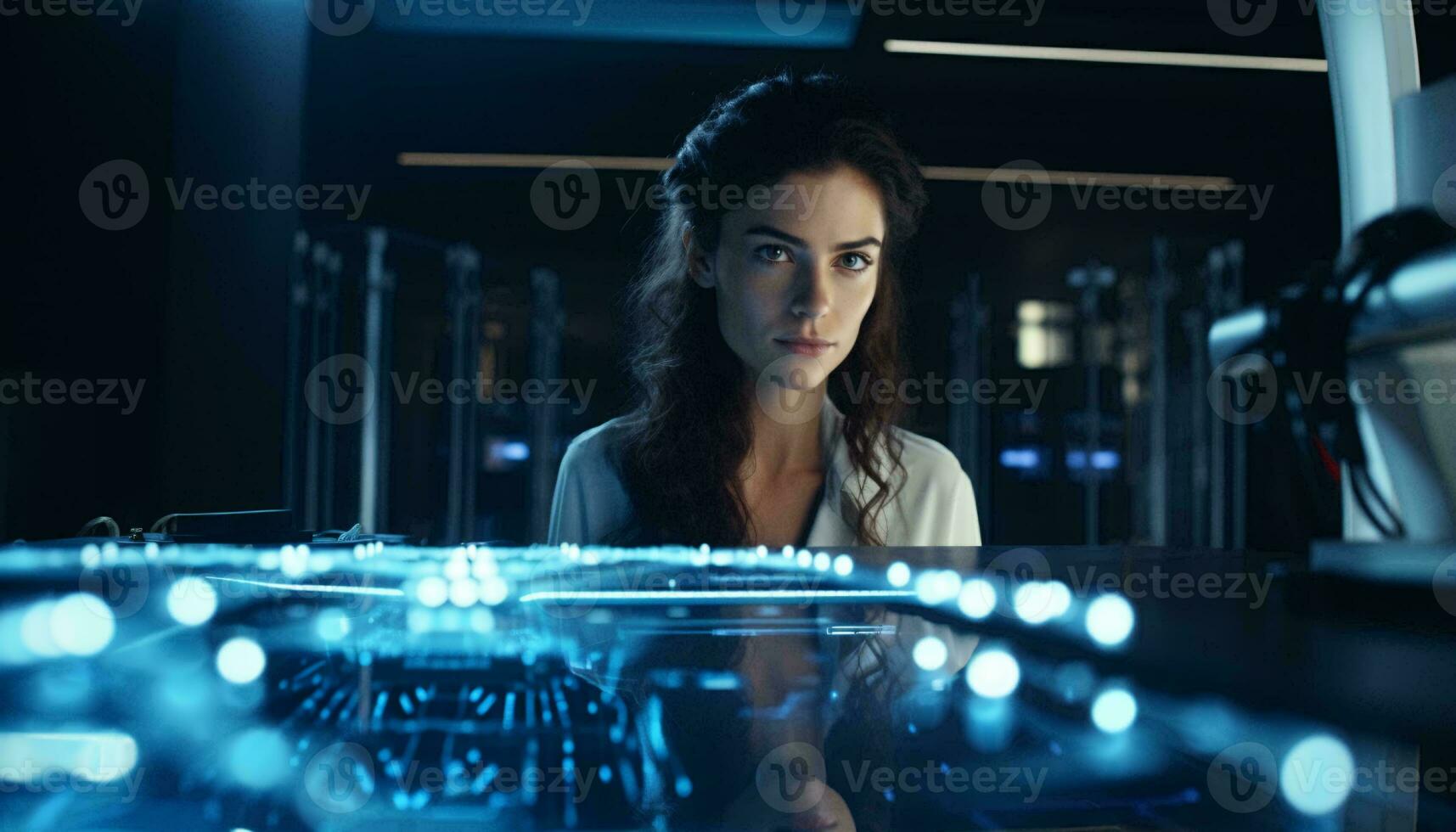 A woman sitting at a table in a dimly lit room AI Generated photo