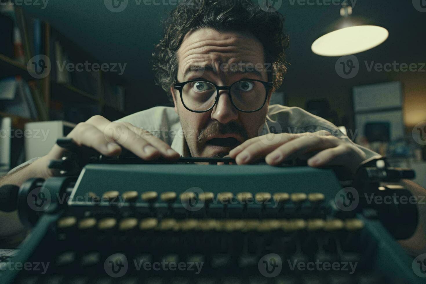 A man with glasses exploring the nostalgia of an old typewriter AI Generated photo