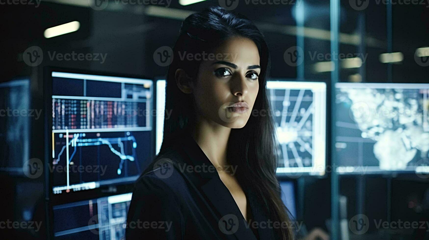 A woman standing in front of multiple monitors AI Generated photo