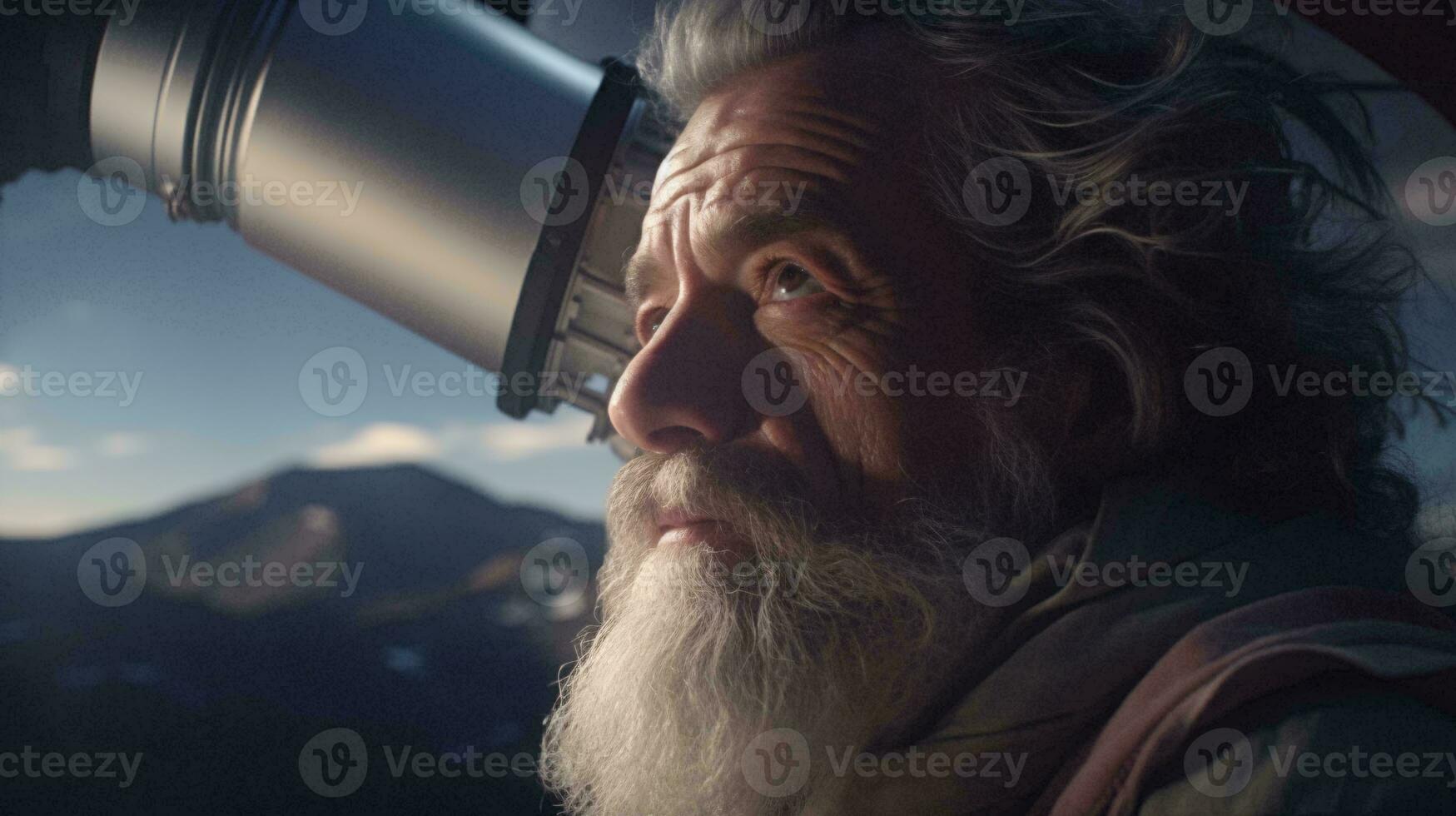 A wise old man observing the universe through a telescope AI Generated photo