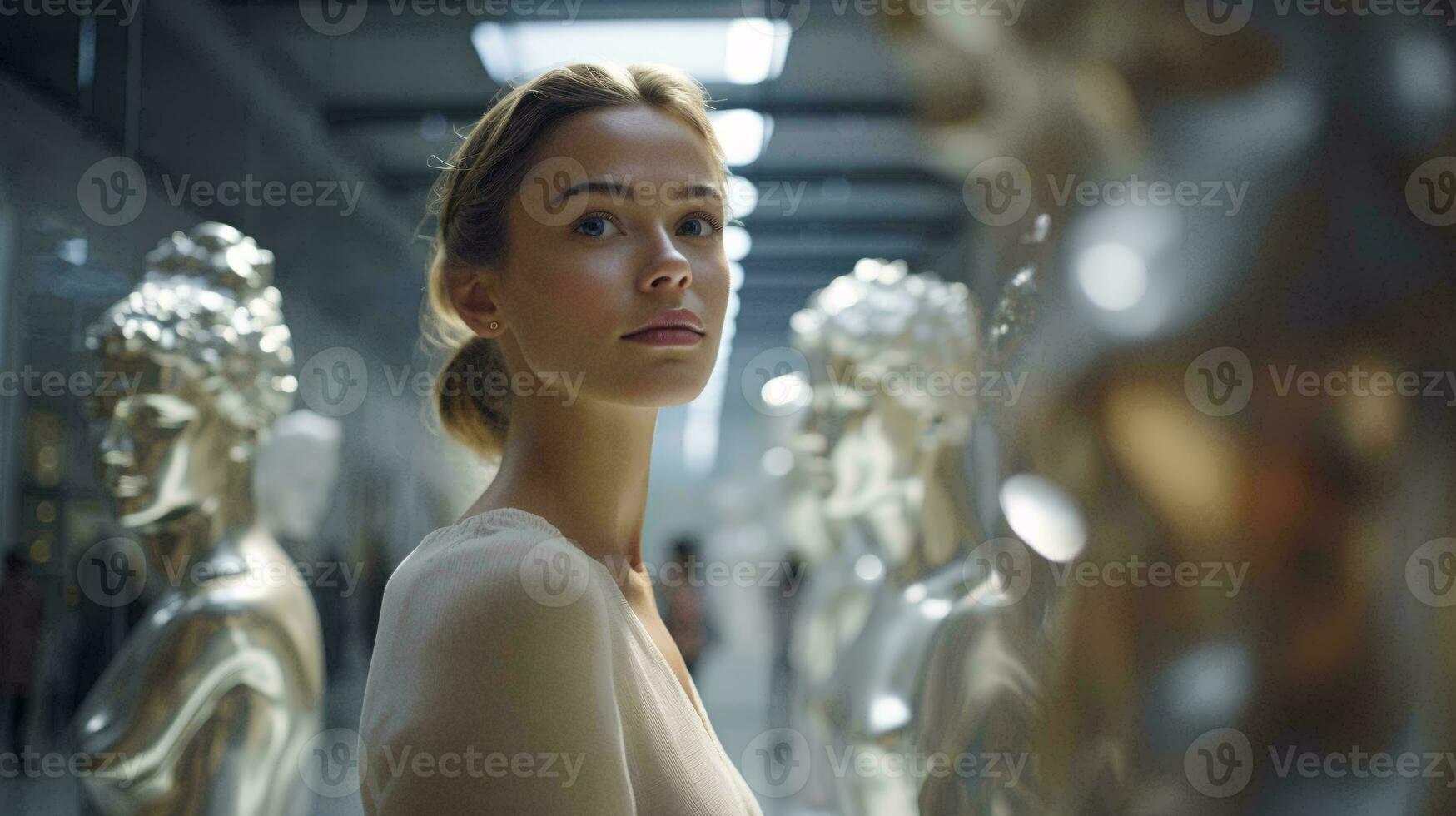 A woman admiring a row of statues in an art museum AI Generated photo
