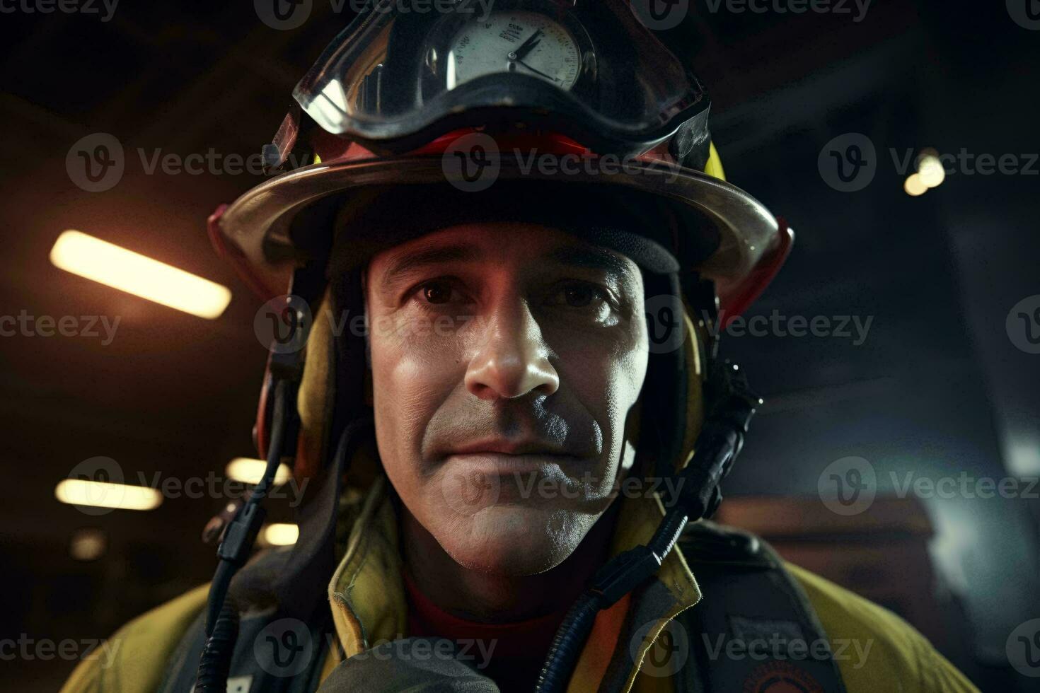 A man wearing a fireman's helmet making eye contact with the camera AI Generated photo