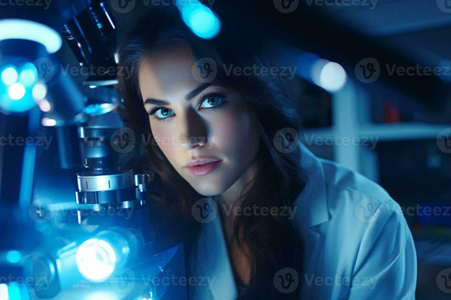 A female scientist conducting research using a microscope AI Generated photo