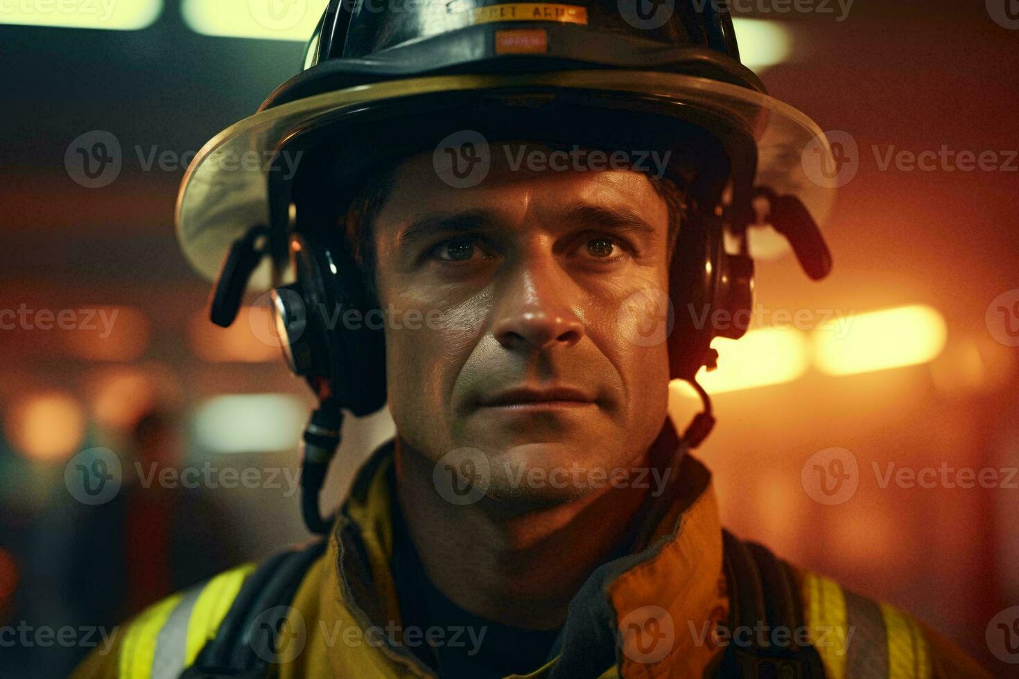 un bombero en lleno engranaje escuchando a música en auriculares ai generado foto