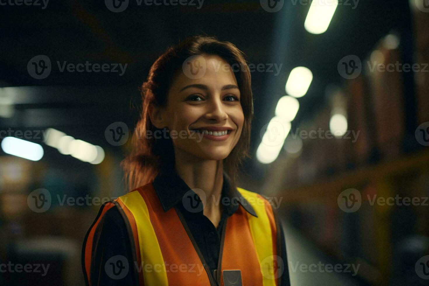 A woman wearing a safety vest in a warehouse AI Generated photo