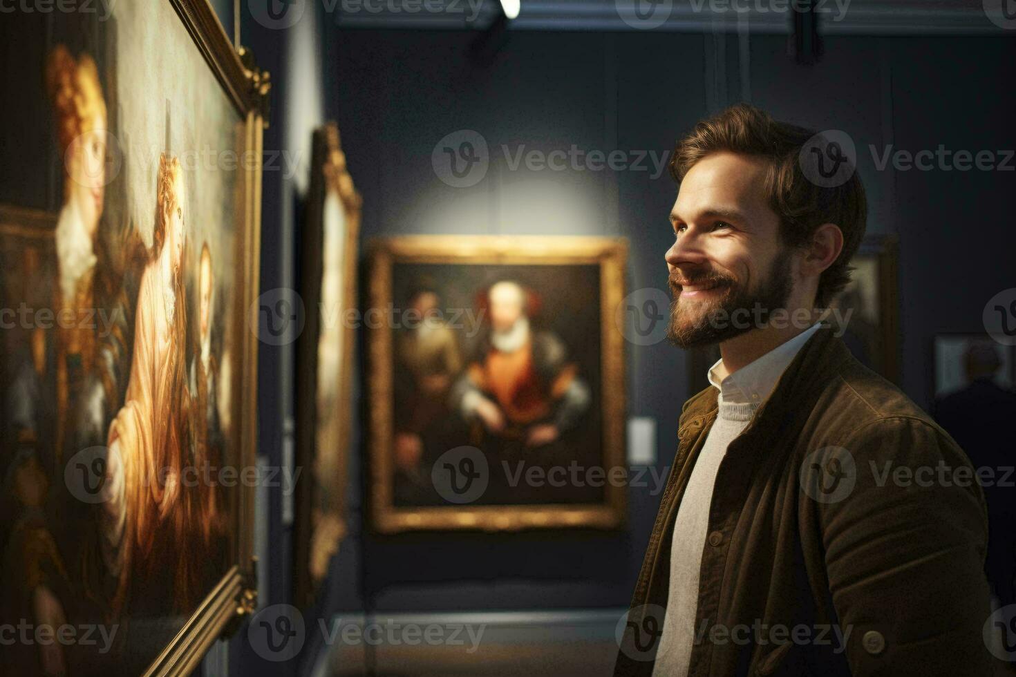 A man admiring a painting in a museum AI Generated photo