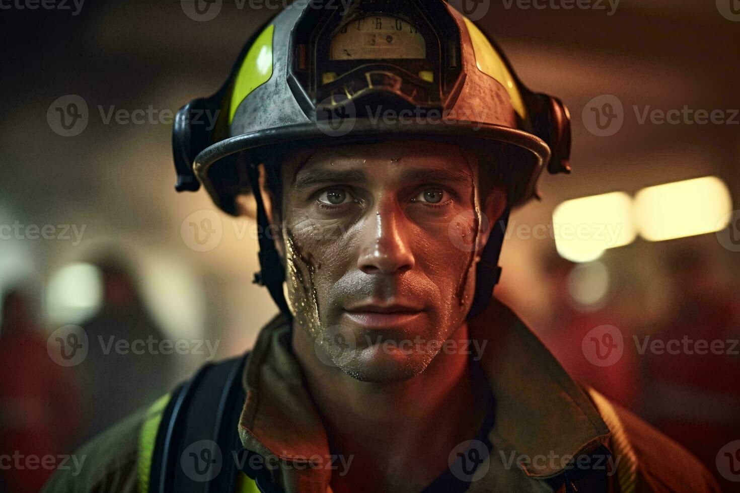 A man wearing a fireman's helmet making eye contact with the camera AI Generated photo