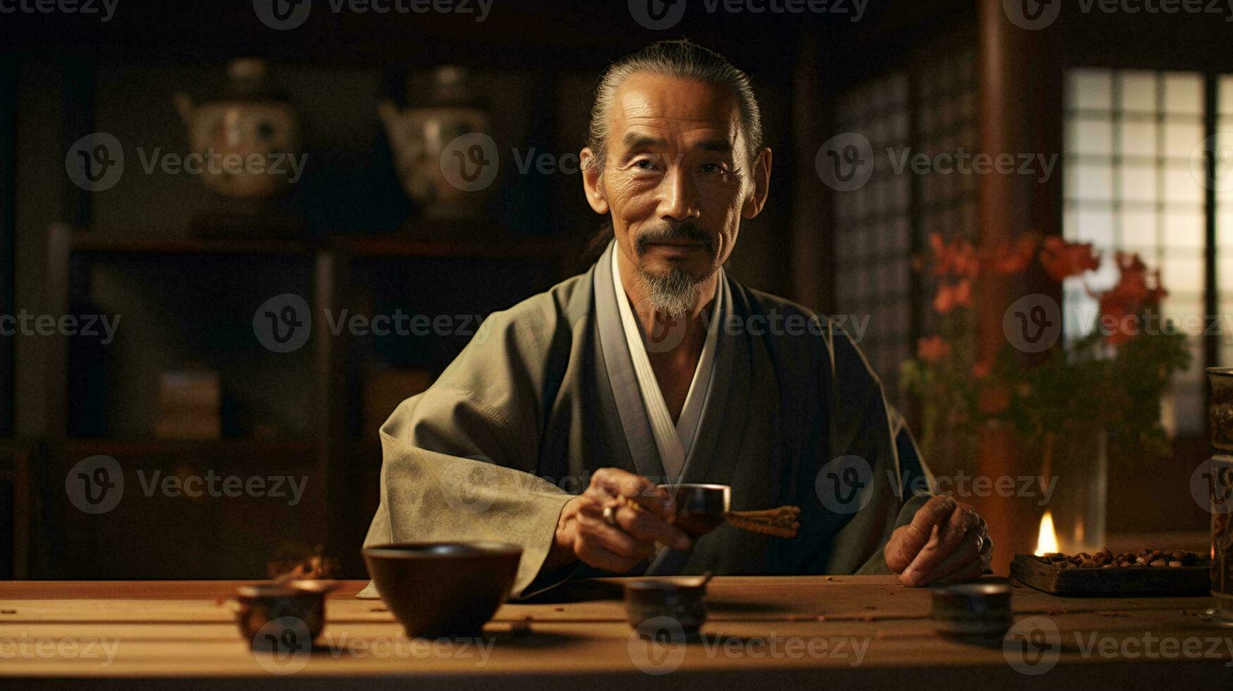 un hombre disfrutando un comida a un mesa ai generado foto