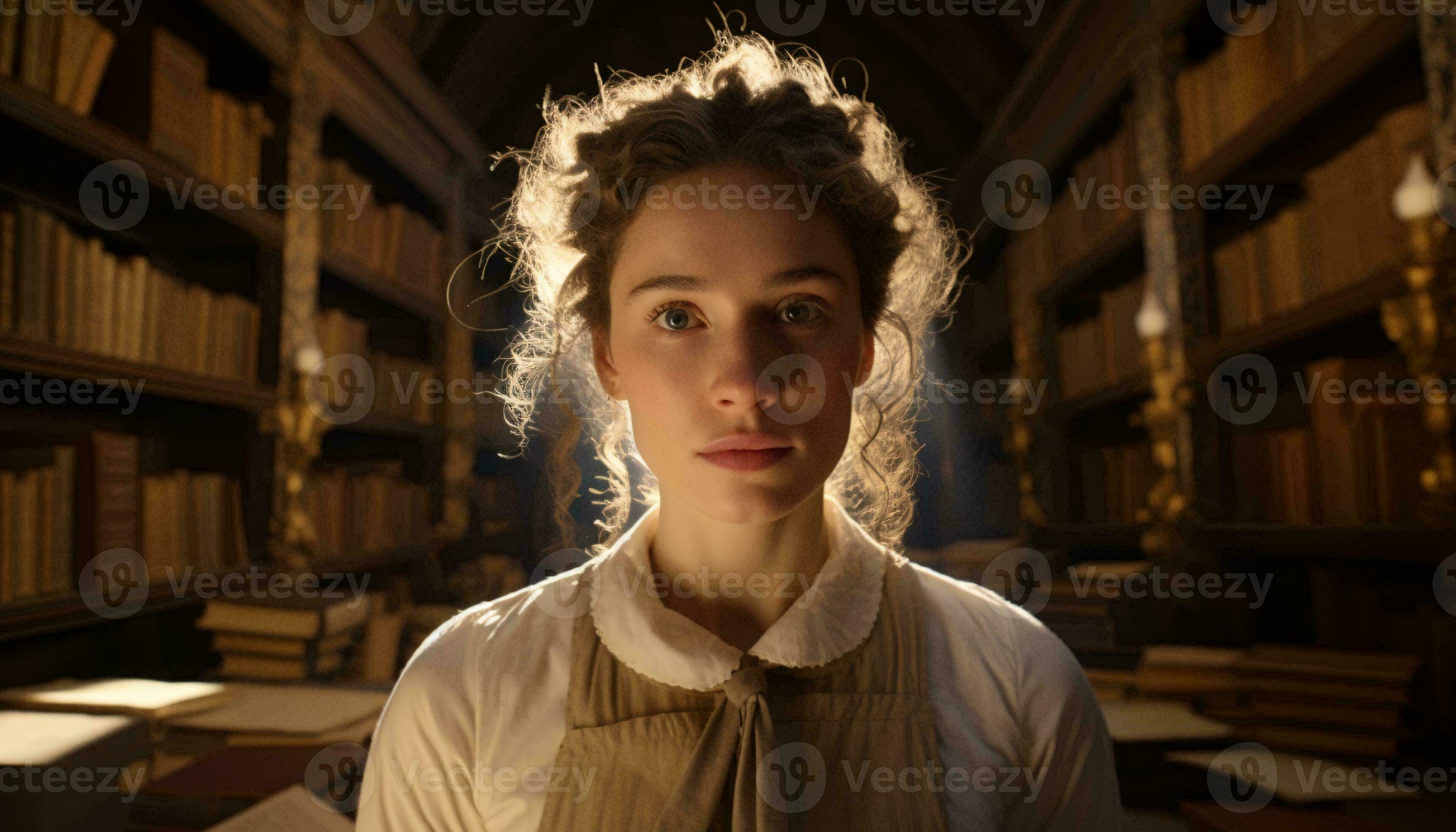 A woman surrounded by a vast library of books ai generated 31225190