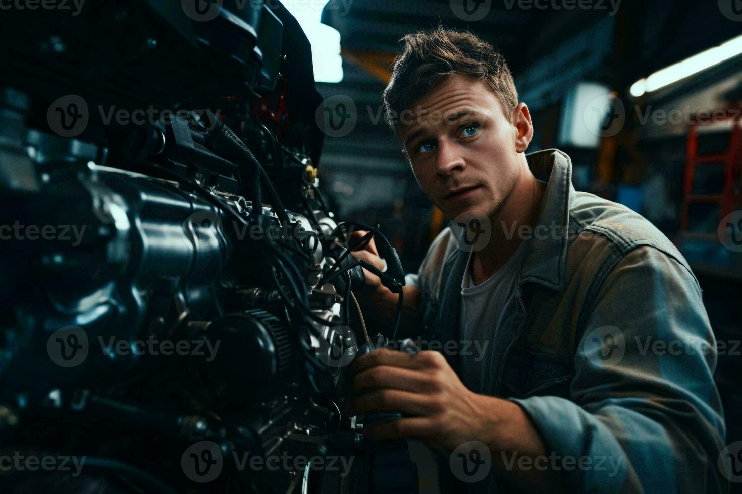 un mecánico trabajando en un motor en un garaje ai generado foto