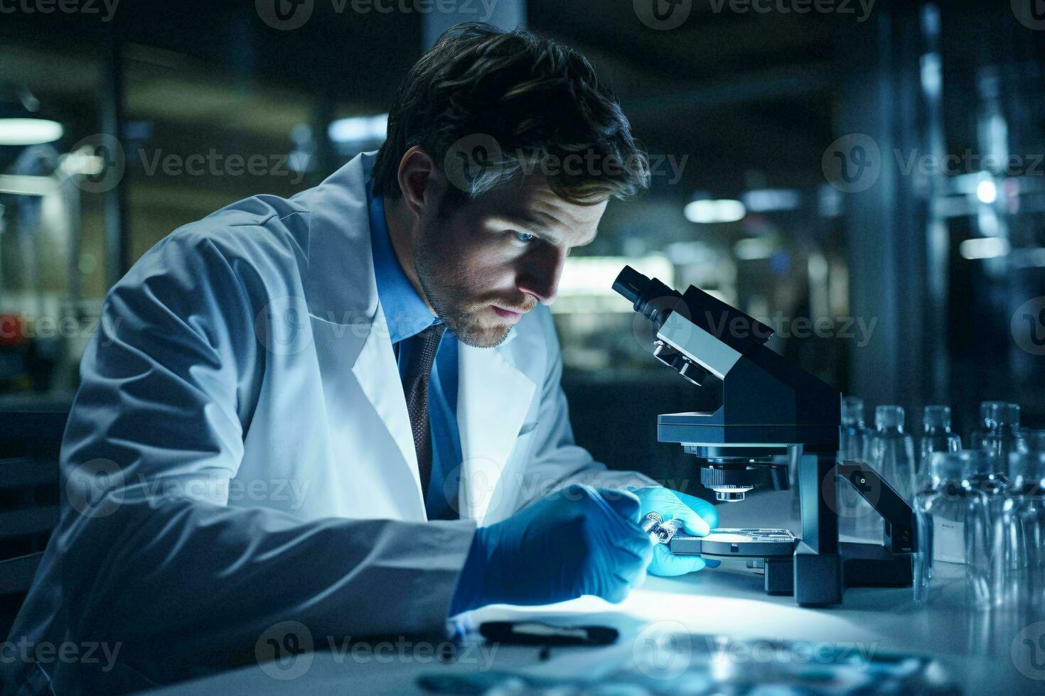 A scientist examining a specimen under a microscope in a laboratory AI Generated photo
